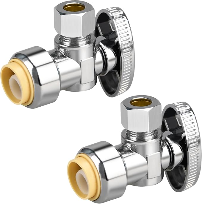 2pcs Stop Valves, 1/2" × 3/8" Angle Stop Valve, 1/2" PTC Input, 3/8" OD Compression Output, Push to Connect, 1/4 Turn, Chrome Plated Brass for Faucet, Toilet Valves, No Lead