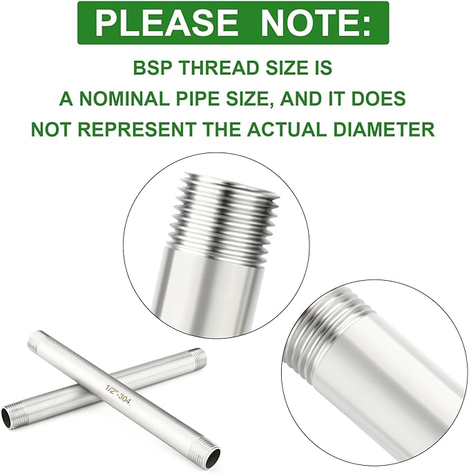 TAISHER 2PCS Stainless Steel Pipe Fittings, 1/2" BSP Male x 1/2" BSP Male Threaded, 8" Length Nipple Cast Pipe