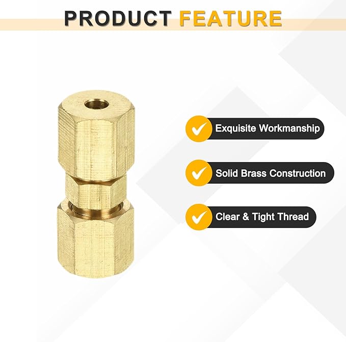 uxcell 5Pcs Brass Compression Tube Fitting, 1/8" Tube OD x 1/8" Tube OD Connector Straight Coupling Adapter Union Fittings