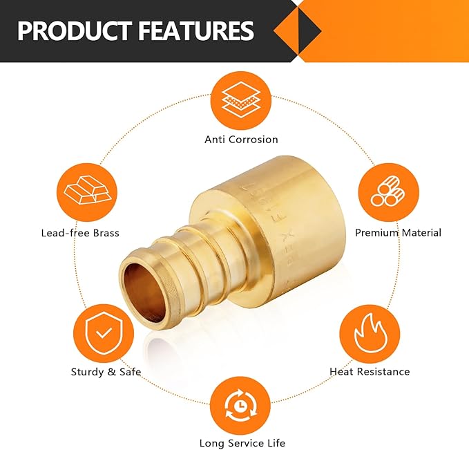 50-Pack HeSun PEX Fittings, 1/2" PEX x 1/2" Female Sweat Adapter (Over Copper Tube), Brass Crimp Fitting for ASTM F1807(PEX1807127-50)