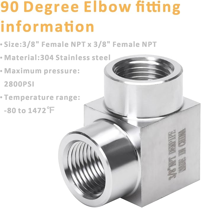 90 Degree Street Elbow - 3/8" NPT Female to 3/8" NPT Female Stainless Steel 304 Heavy Duty Forged Square Barstock Street Elbow Adapter Pipe Fitting (pack of 2)