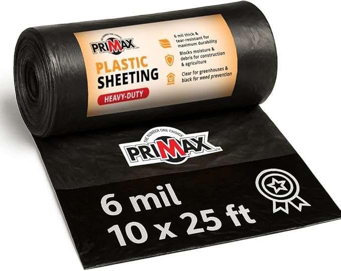 PRIMAX 6 mil Plastic Sheeting (10'x25')– Waterproof, UV Resistant, Heavy Duty Thick Plastic Sheeting Roll for Weed Barrier, Moisture, Vapor Barrier, Construction Film, Lumber Tarp, Ground Cover, Black