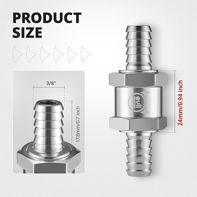 EVIL ENERGY 3/8" (10mm) Check Valve, 2 Pcs Aluminum One Way Fuel Check Valve for Gasoline, Diesel & Coolant with Universal Hose Clamps, Silver