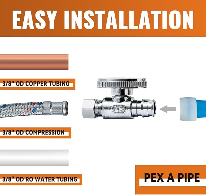 SUNGATOR 6-Pack Pex A Straight Stop Valve, 1/2" Pex A Expansion x 3/8" OD Compression, 1/4 Turn Chrome Plated Brass Shut Off Valve