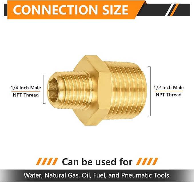 50-PCs HeSun Brass Hex Nipple Pipe Fitting, 1/2" NPT Male x 1/4" NPT Male Hex Pipe Adapter