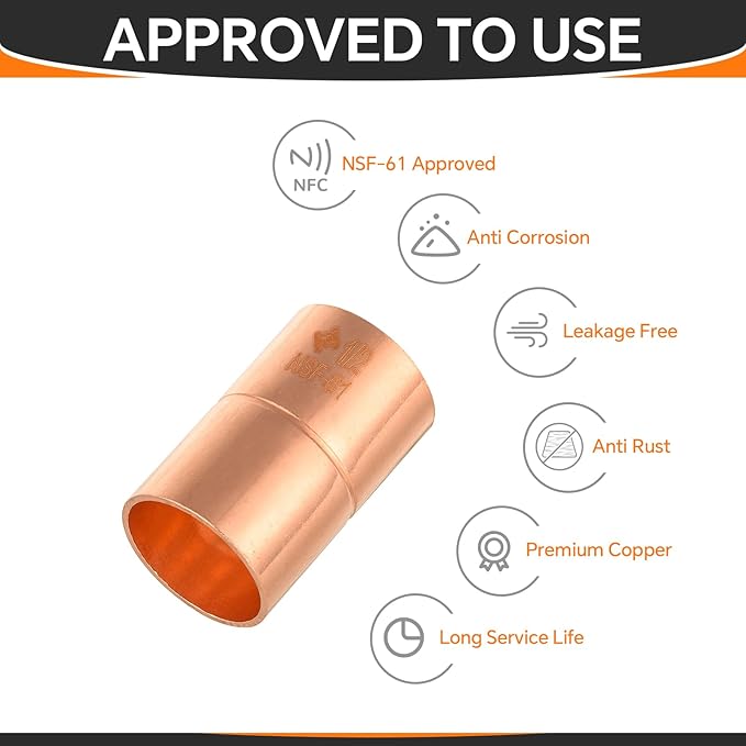100-Pack HeSun Copper Fittings, 1/2-Inch Copper Coupling with Rolled Stop, C x C with Sweat Solder Connection(COPPER001-100)