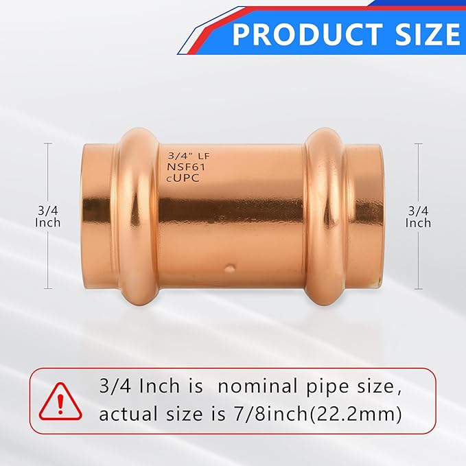 Copper Press Fittings 3/4 Inch Coupling with Stop No-Lead Plumbing Pipe Connector | Compatible with Copper Pipes, Water Supply & Hydronic Heating Systems | Durable Press Fit Design,4-Pack