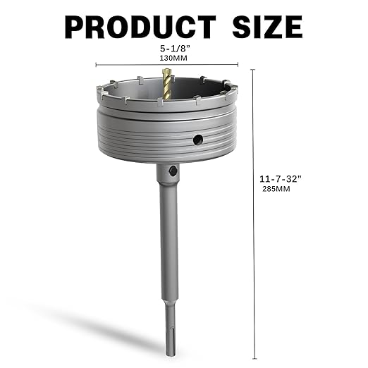 5-1/8" Concrete Hole Saw,130mm Masonry Hole Saw, with 220mm SDS Plus Shank Connecting Rod for Concrete Brick Cement Stone Wall Drilling Home Improvement