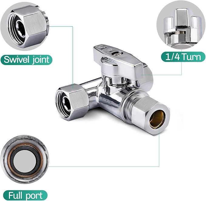 Lead-Free Brass 2Pcs Chrome-Plated Add-A-Tee 3-Way,3/8 Inch x 3/8 Inch x 1/4 Inch Angle Stop Valve For Reverse Osmosis Water Filters,Ice Maker,Refrigerator