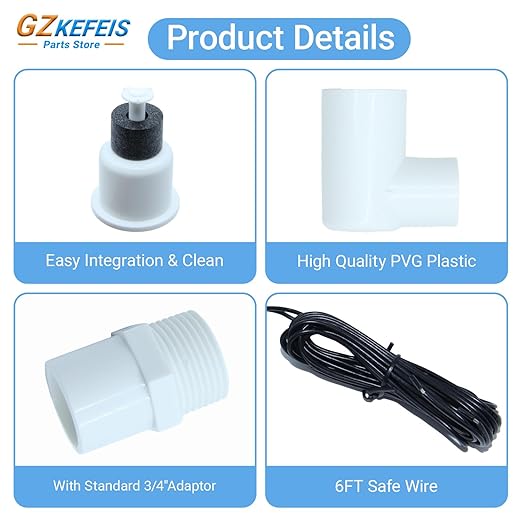 SS2 Float Switch L Shape, Compatible with Safe-T-Switch for HVAC Drain Pan Condensate Outlet, AC Water Level Switch with 3/4 Inch Adapter and 6Ft Wire (2, White)
