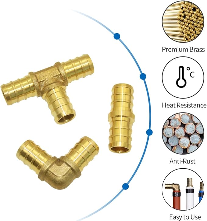 Hooshing 1/2 inch PEX Fitting Combo 30PCS - Straight Coupling (10) 90 Degree Elbow (10) PEX Tee (10) Solid Brass Barb Crimp Pipe Hose Fittings
