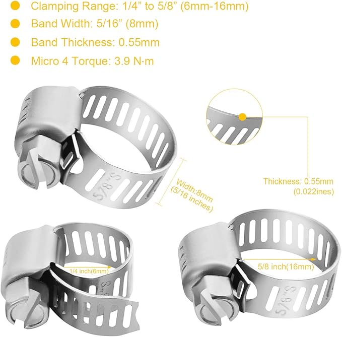 WINL Stainless Steel Hose Clamps 1/2'' - 24PK Size 4 Worm Gear Drive Hose Clamps Small Clamping Range 1/4 Inch to 5/8 Inch (6mm-16mm) for Automotive Fuel Line,1/4 Inch,1/2 Inch