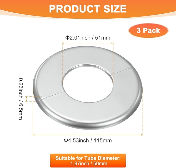 3-Pack Wall Split Flange, ABS Round Self-Adhesive Escutcheon Plate Cover Buckle for 50mm/1.97 in Dia Pipe Accessories/Floor/Ceiling, Plumbing Cover Plates [Silver,6.5mm/0.26in H]