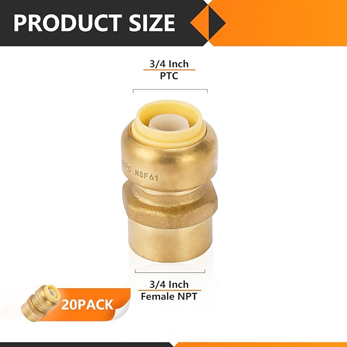 HeSun 20-Pack Pushfit Female Adapter, 3/4" FNPT x 3/4" Push to Connect Plumbing Fittings with Disconnect Clip, Brass Push-fit Fittings for PEX, Copper, CPVC, PE-RT Pipes