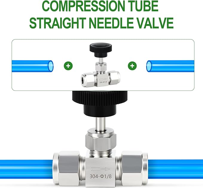 TAISHER 1PCS 304 Stainless Steel Compression Tube Square Straight Needle Valve 1/8" Tube OD x 1/8" Tube OD For Flow Control Water Gas Oil