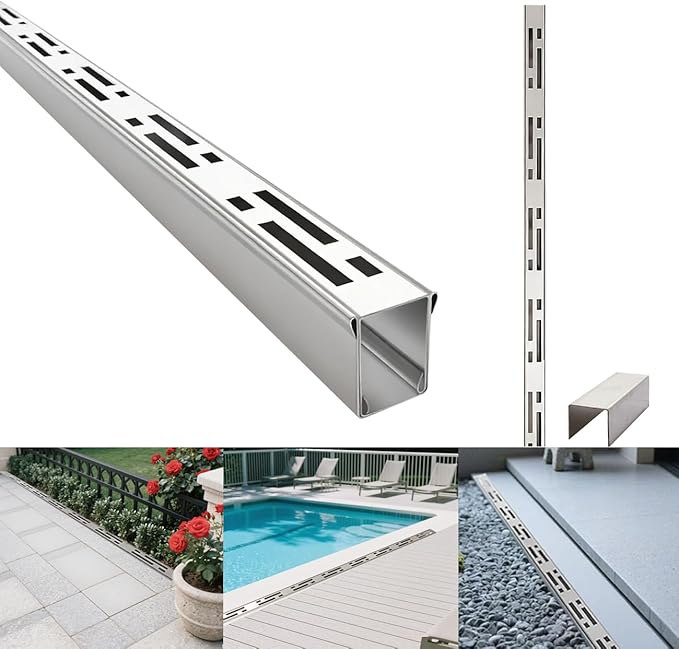 Pool Deck Drain Channel, 2.3" W x 19.6' L, 304 Stainless Steel Channel Drain Outdoor, Deck Drainage System with Coupling, Trench Drain System for Pool Decks, Patios,Walkways, Courtyards, Paver.