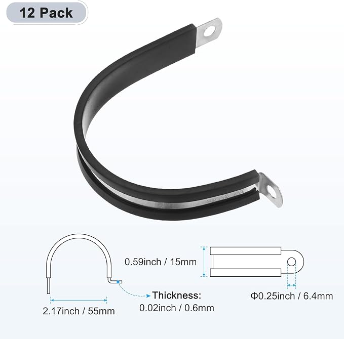 12-Pack Cable Clamps, 2-3/16 Inch/ 55 mm 304 Stainless Steel Rubber Cushioned Insulated Cable Clamp R Shape Metal Holder for Tube/Wire/Pipe/Loop Installation