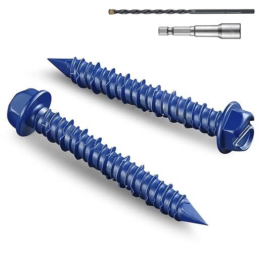 35Pcs 1/4 x 1-3/4 Inch Concrete Screws Anchor with Drill Bit, Blue Hex Head Masonry Brick Stucco Cement Block Screws, Diamond Point
