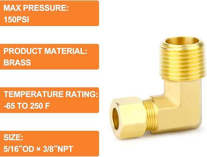 GASHER 5PCS Brass 90 Degree Elbow Compression Tube Pipe Fitting Connector, 5/16" Tube OD x 3/8" NPT Male Connector