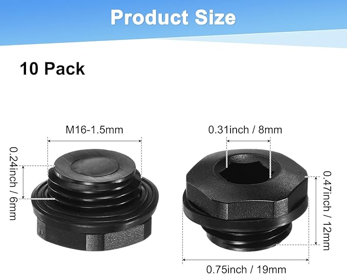 10-Pack Inner Hex Head Pipe Plug End Cap, M16x1.5mm Nylon Garden Hose Stopper Connector Plug with Sealing Ring for Terminating Pipe Ends [Black]
