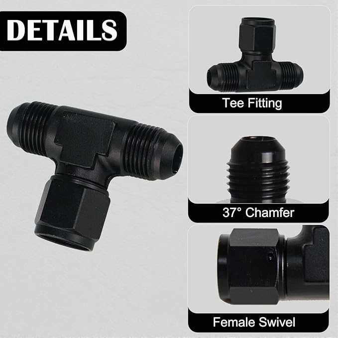 8AN Male Tee Fitting Adaptor with AN8 Female Swivel on Side Black