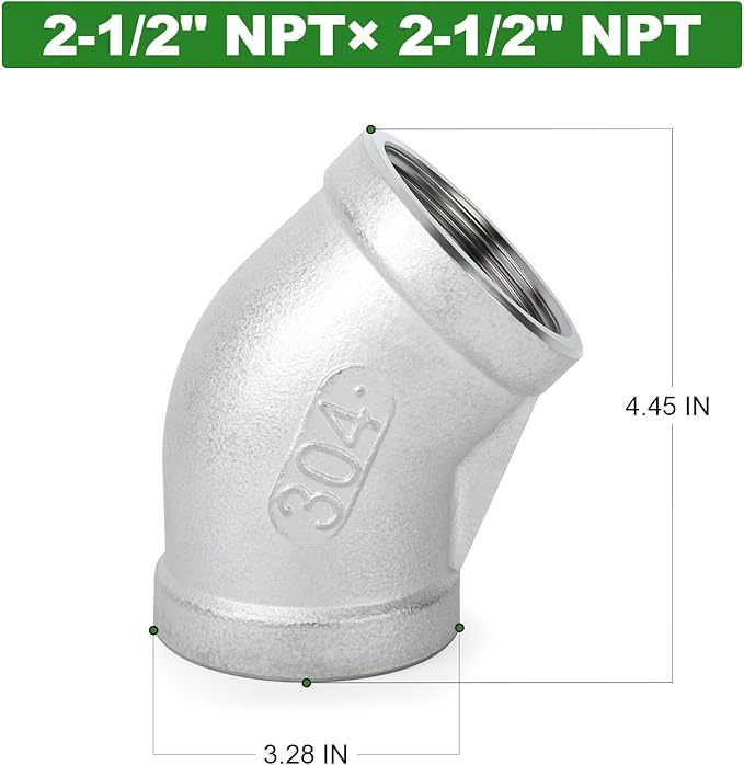 TAISHER 1PCS 304 Stainless Steel 45 Degree elbow,2-1/2" NPT Female x 2-1/2" NPT Female 304 Stainless Pipe Fitting