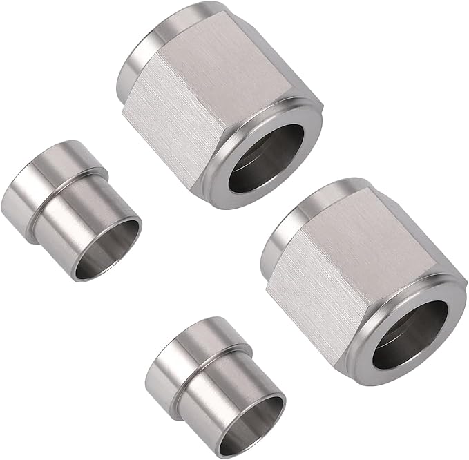 8AN Hardline Stainless Steel Tube Nut and 3/8 Sleeve Fitting for 3/8" OD Tubing, 2 Sets