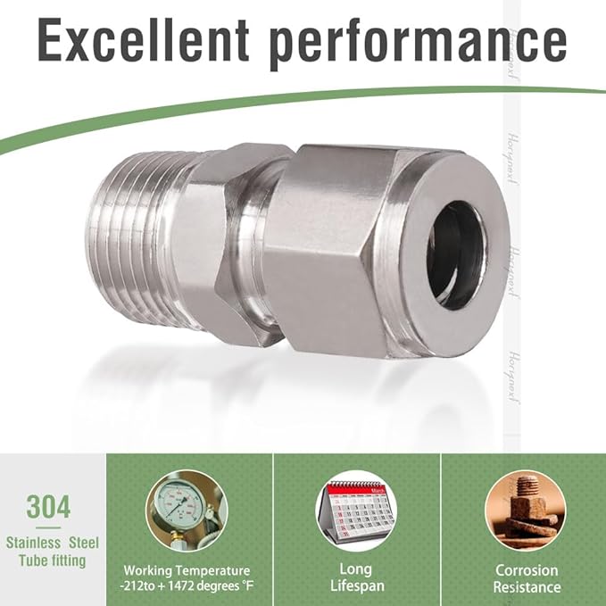 Stainless Steel 304 Compression Fitting to connect 3/8 inch OD tube x 3/8 NPT Male thread Coupler, for brass copper stainless steel tubing (2 pcs)