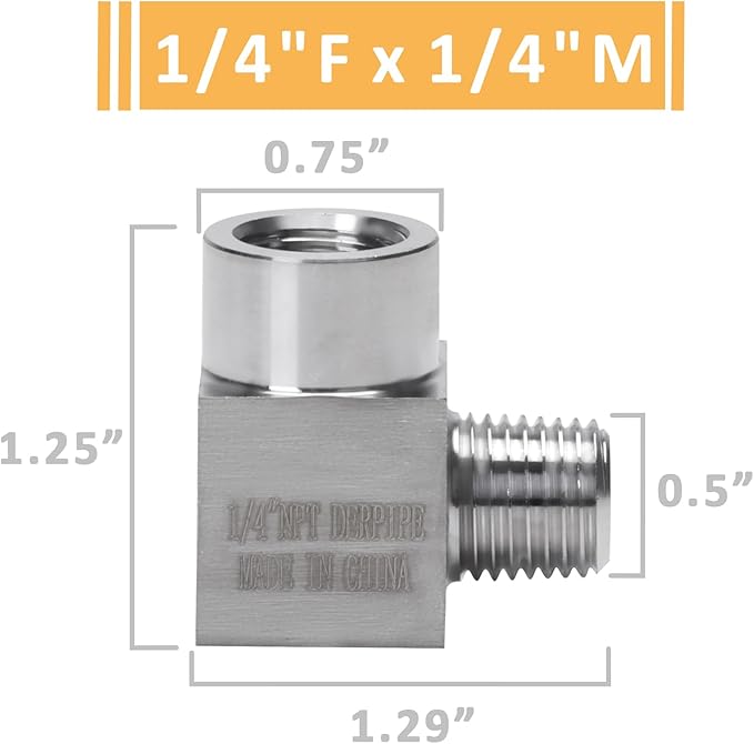 90 Degree Street Elbow - 1/4" NPT Male to 1/4" NPT Female Stainless Steel 304 Heavy Duty Forged Square Barstock Street Elbow Adapter Pipe Fitting (pack of 2)