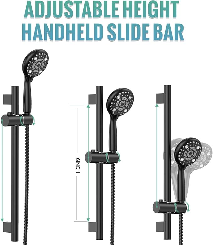 SR SUN RISE 12 Inch Slide Bar Shower System, Round Shower Faucets Sets Complete Rain Shower head and 6-Spray Handheld Combo, Wall Mounted Dual Shower Faucet Included Valve and Trim Kit, Matte Black