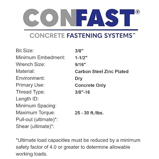 CONFAST 3/8" x 4-1/4" Wedge Anchor Zinc Plated (Box of 50)