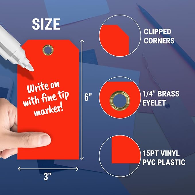 Tags 4 Less 15 Mil Waterproof Plastic Tags, Pack of 100 – 3” x 6” Heavy Duty Plastic Tags for Labeling, Outdoor Tagging, Equipment Labeling, Luggage, Valves & More (Fluorescent Orange/Red)