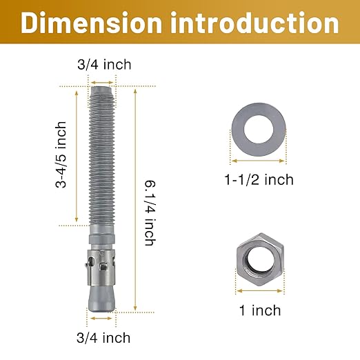 3/4 x 6-1/4 inch Wedge Concrete Anchors kit Galvanized Carbon Steel, Expansion Screw Bolt Heavy Duty Fasteners for Masonry Concrete (Pack of 10)