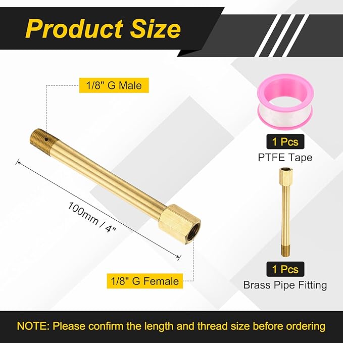 PATIKIL 2 Pack 1/8" g Male x 1/8" g Female Brass Pipe Fittings, Nipple Brass Fitting Extension Pipe Fittings Adapter Connection with Tape 4 Inch / 100mm Length