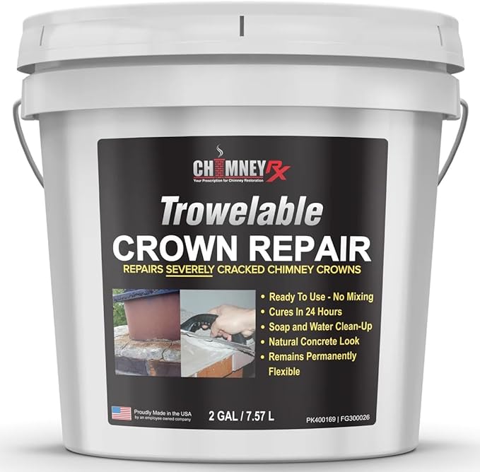 300026 Trowelable Chimney Crown Repair – Elastomeric & Waterproof Coating for Crowns & Masonry with Natural Concrete Finish - Crack and Leak Prevention, & Long-Lasting Protection - 2 Gallon