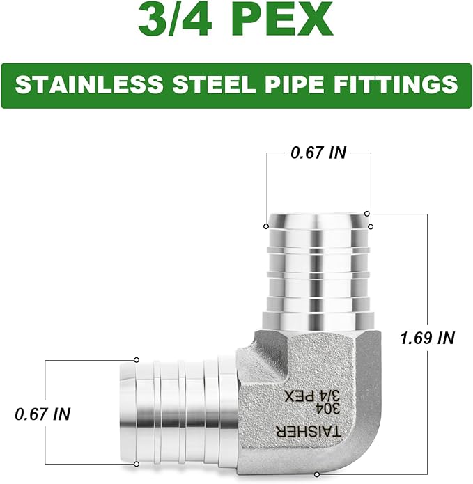 TAISHER 2PCS 304 Stainless Steel 90 Degree Elbow Pex Fittings, 3/4" Pex Fitting With 4PCS Hose Clamp For Pex Tubing Pipe
