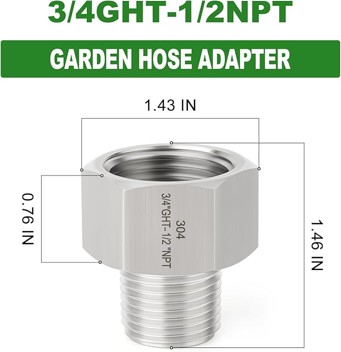 TAISHER 2PCS 304 Stainless Steel Garden Hose Adapter, 3/4" GHT Female x 1/2" NPT Male Garden Hose Connector with Washers