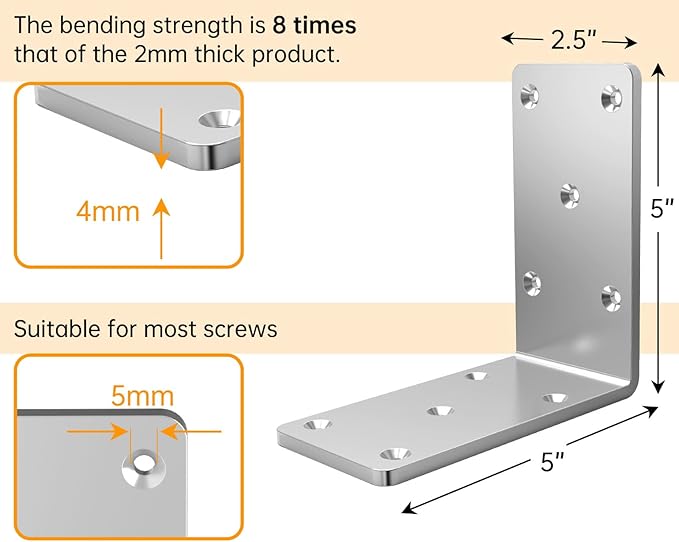 (8PCS) Heavy Duty L Brackets 5x5x2.5 for Wood,Metal Shelf Brackets,90 Degree Corner Bracket,Large Right Angle Bracket, Pergola Brackets Silver