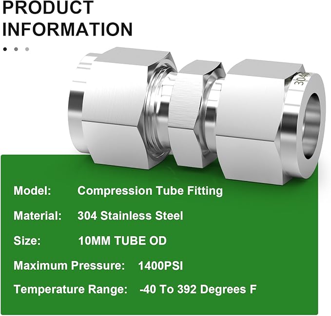 TAISHER 5PCS 304 Stainless Steel Compression Tube Pipe Fitting Connector, 10MM Tube OD x 10MM Tube OD Straight Adapter