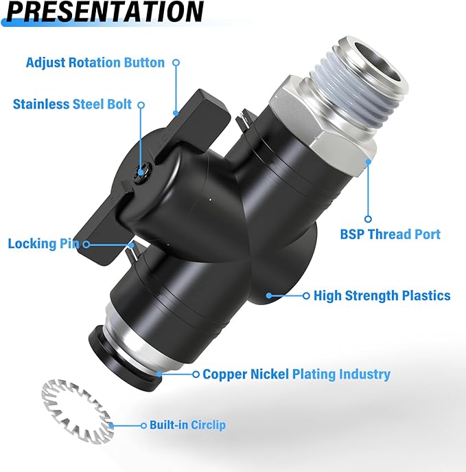 TAILONZ PNEUMATIC 3/8 Inch Tube OD x 1/4 Inch NPT Thread Ball Valve Air Flow Control Valve Push to Connect Fitting BVC-3/8-N2（Pack of 5）
