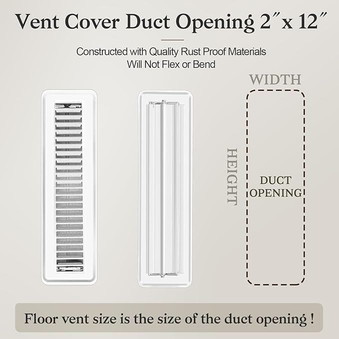 2 PCS Floor Vents Floor Registers 2x12 inch, Heavy Duty Metal Heat Air Vent Covers 2 X 12 with Rust Proof Finish for Home Office Wall Floor Registers Grilles & Vents (2, White, 2x12 Inches)