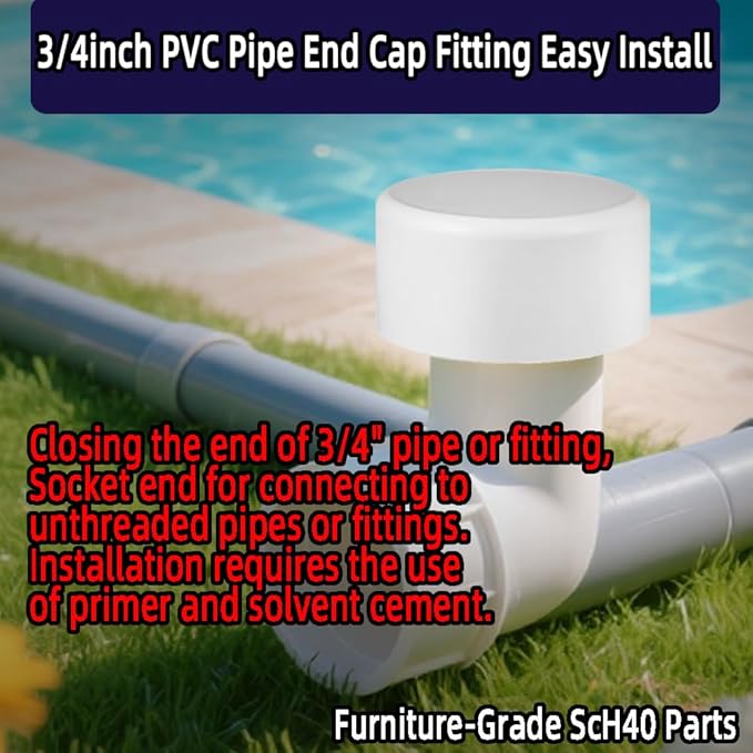 12pcs 3/4inch PVC Pipe End Cap Fitting,Schedule 40,3/4" PVC Pipe End Cap Plug Adapter for Cold Water Supply Lines,Garden Irrigation,DIY Garden Shelf,White.