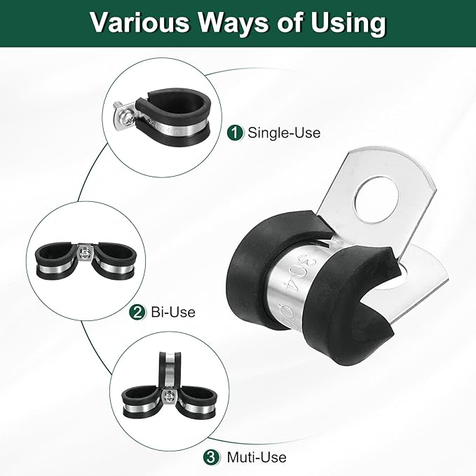 uxcell 1/4"(6mm) Cable Clamp, 304 Stainless Steel Rubber Cushioned Insulated R Shape Metal Clamp Tube Holder for Pipe Hose Wire Cord Installation 12Pcs