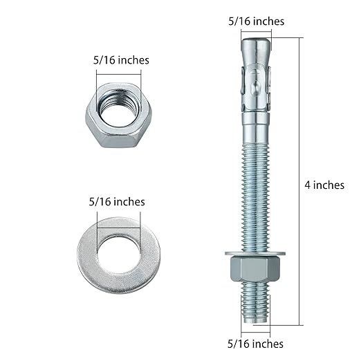 5/16x4" 50Pcs Inch Standard Fasteners for Heavy-Duty Zinc Wedge Anchors for Cement and Concrete