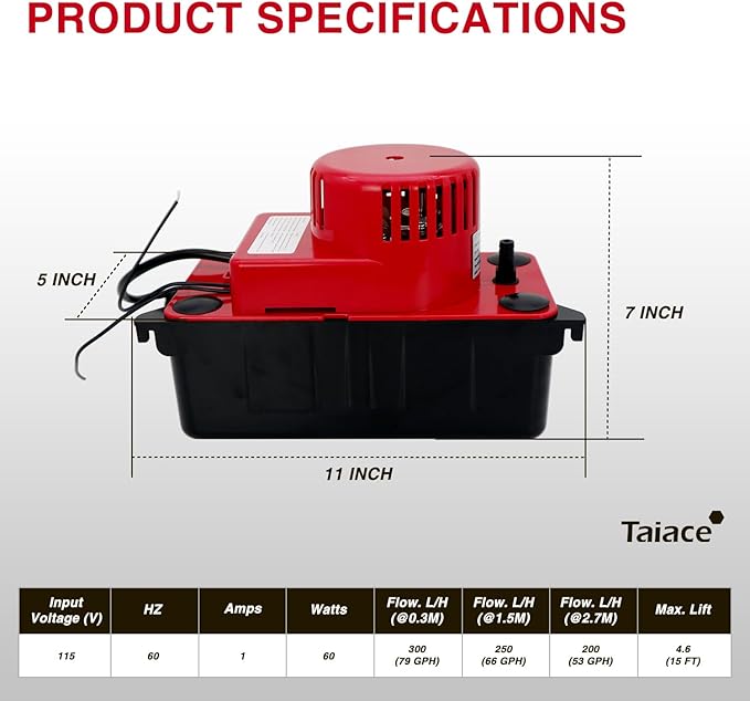 Professional Condensate Pump 115V/120V, 79GPH Flow & 15ft Lift, Auto Safety Switch for HVAC/AC/Dehumidifier/Furnace, Quiet with 20ft Tubing & 2 x Hose Clamp