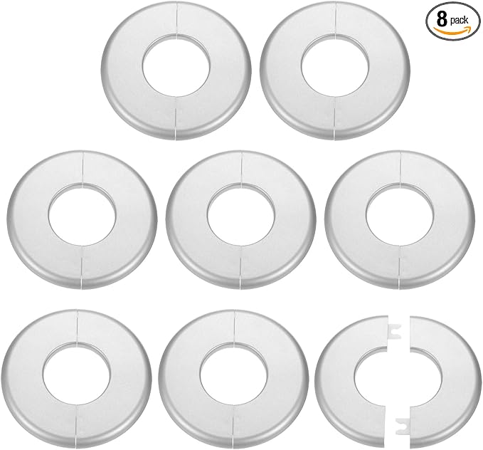 HARFINGTON 8pcs Wall Split Flange 44mm/1.7" Self-Adhesive Plumbing Cover Plates ABS Plastic Round Escutcheon Plate Buckle Design for Water Pipe Bathroom Kitchen Decoration, Silver Tone