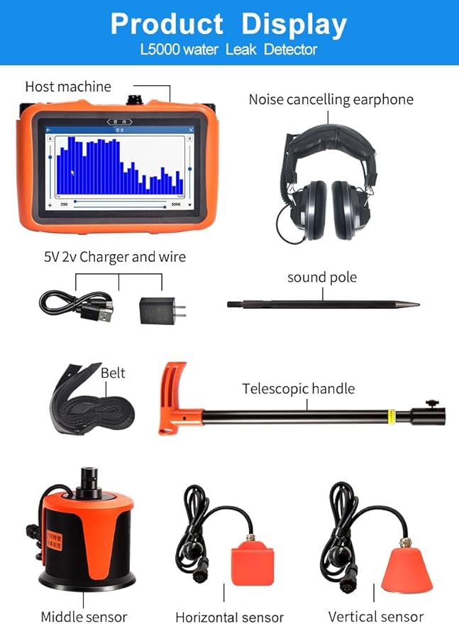 PQWT L5000 Underground Water Leak Detectors Indoor Outdoor Wall Water Pipe Detector Machine Multi Sensor Acoustic Pipeline Leakage Detection Kit Noise Reduction Headphone Smart Touchscreen Carry Case