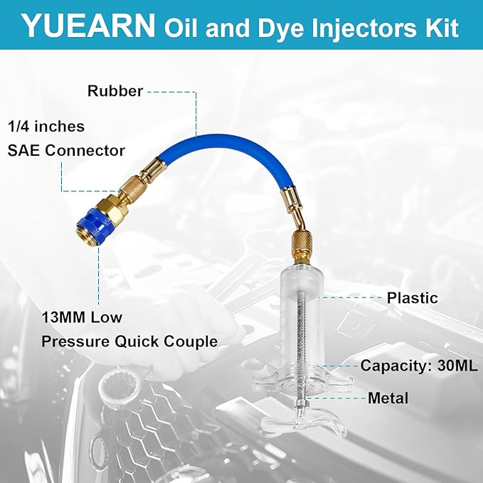 Oil and Dye Injectors Kit Hand Push Compressor Ac Oil Injector Kit with Quick Coupler 1/4 SAE Connector Car ac Leak Detector Kit