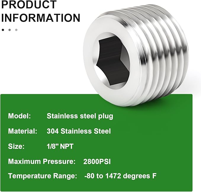 TAISHER 20PCS 304 Stainless Steel Internal Hex Thread Socket Pipe Plug Fitting 1/8" NPT Male