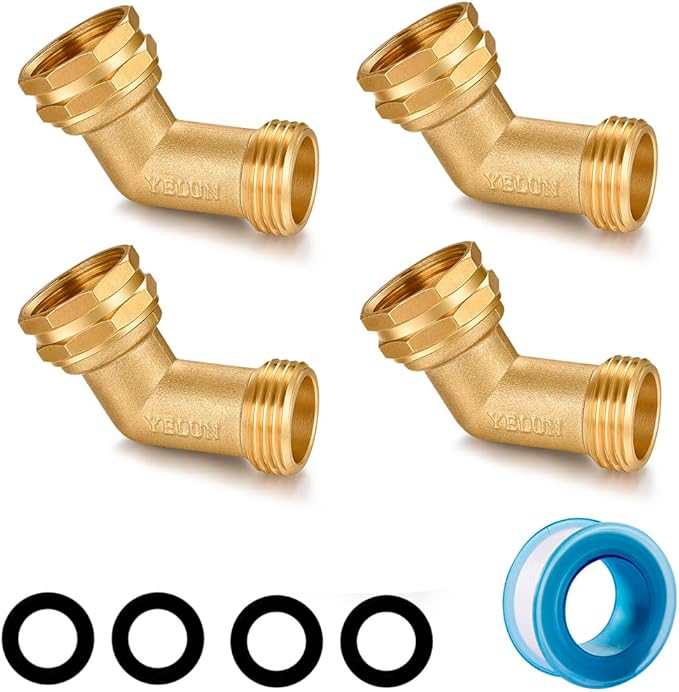 Garden Hose Elbow Connector 45 Degree Solid Brass Pipe Fittings Hose Elbow -Eliminates Stress and Strain On RV Water Intake Hose Adapter 3/4" FHT x 3/4" MHT (45 Degree 4 PCS)